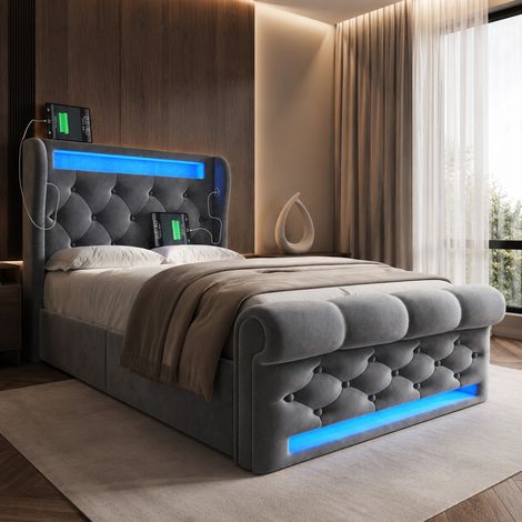 Letto singolo contenitore 90x200 cm grigio in velluto con LED, ricarica USB-C e materasso (1/5)