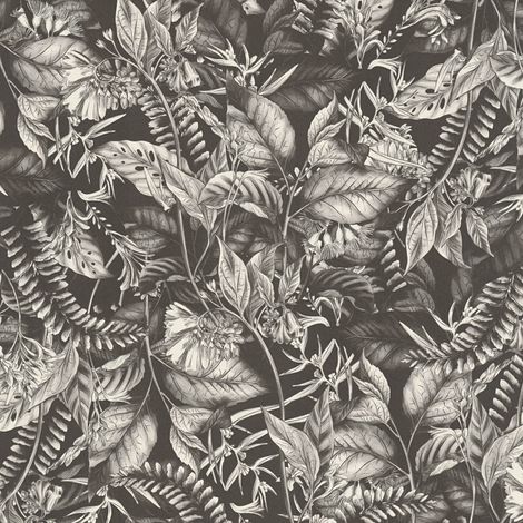 Papel pintado floral Profhome 394252 papel pintado vinílico estampado en caliente tejido non tejido ligeramente texturado con dibujo de jungla mate negro blanco 5,33 m2 (1/5)