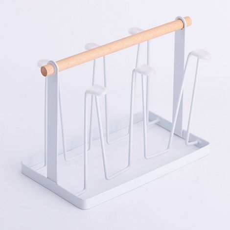 Tassenabtropfgestell, 6 Haken, Holzgriff, galvanisiertes Eisen, platzsparend, 13 x 23,5 x 18,5 cm, Tassenorganizer für Büro und Zuhause, weiß (1/5)