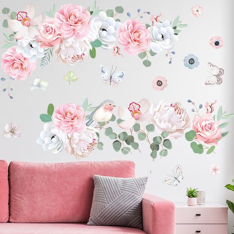 Lntyq Sticker Muraux Amovibles aux Fleurs Roses et aux Feuilles Vertes Autocollants Botaniques Papillons pour Chambre à Coucher et Salon