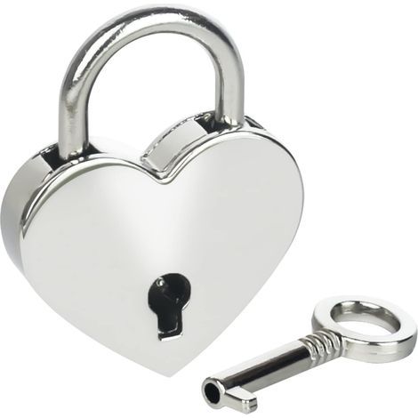 Vintage decorative padlock with heart-shaped key, 3.9 x 3 x 0.7 cm, silver. (1/4)