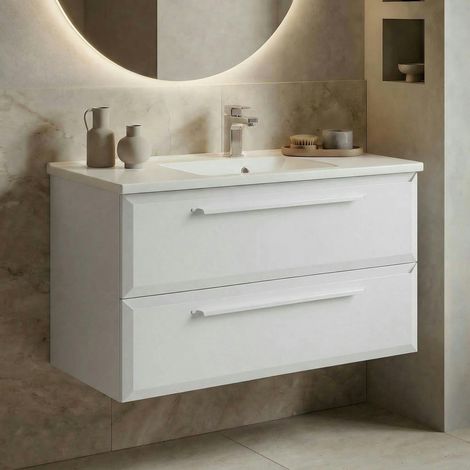 Meuble vasque suspendu 100 cm blanc 2 tiroirs NEREE (1/4)