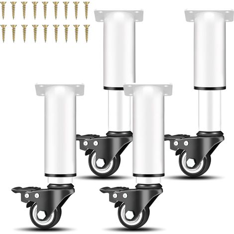 Lot de 4 pieds de meubles réglables en hauteur avec roulettes pivotantes à 360°, en métal, hauteur 18 à 24 cm, pour canapé, lit, armoire, table et table de chevet, blancs (1/5)