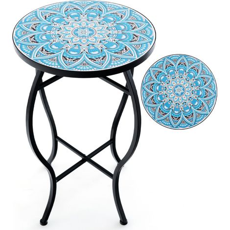 Table d'appoint ronde 35 x 54,5 cm support pour plantes design élégant ambiance cosy en céramique bleu