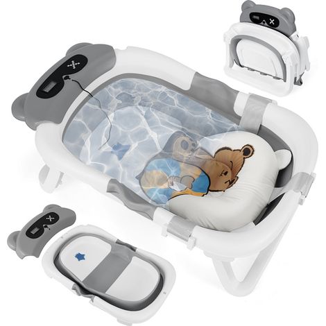 TolleTour Bañera para bebé plegable con soporte y alfombrilla de baño, bañera antideslizante para recién nacidos y niños pequeños (Gris) (1/5)