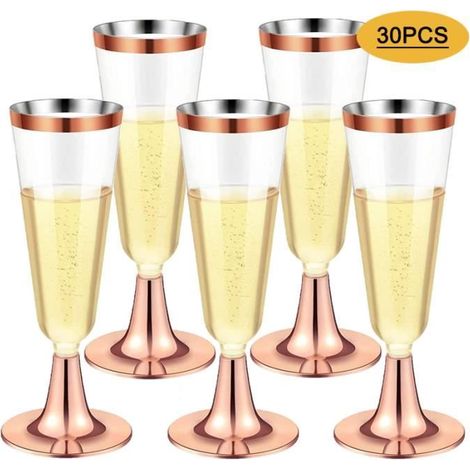30 Pièces Flûtes à Champagne en Plastique, 150ml Verres à Champagne en Gobelets à Vin Réutilisables à Tige,Or rose (1/4)