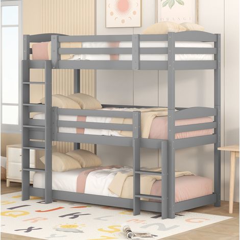 DESVIAE Lit superposé triple enfant 90 x 200 cm en pin gris transformable avec barrières de sécurité et deux échelles lit simple triple gain de place (1/5)