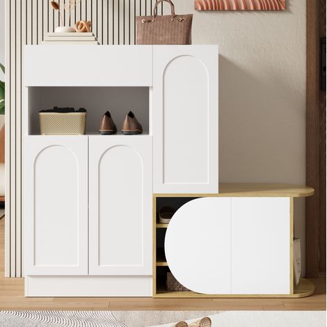 Meuble à chaussures avec banc, 1 tiroir, 5 portes et niche ouverte, grand rangement pour entrée, MDF blanc et bois clair, style moderne, 130 x 35 x 110,5 cm - CHICFURN (1/5)