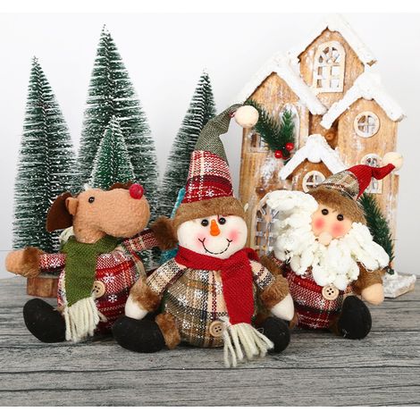 Weihnachtsdekoration aus kariertem Stoff, bestehend aus hängenden Plüschfiguren von Weihnachtsmann, Schneemann und Rentier, 3-teilig (1/4)