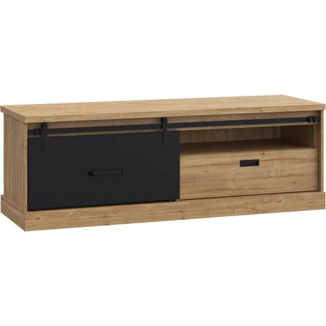 Meuble TV 1 tiroir 1 porte coulissante décor chêne et noir mat - FARM (1/5)