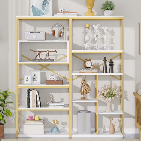 Estantería de MDF y metal oro/blanco 160 x 29,5 x 180 cm, diseño abierto multinivel (1/5)