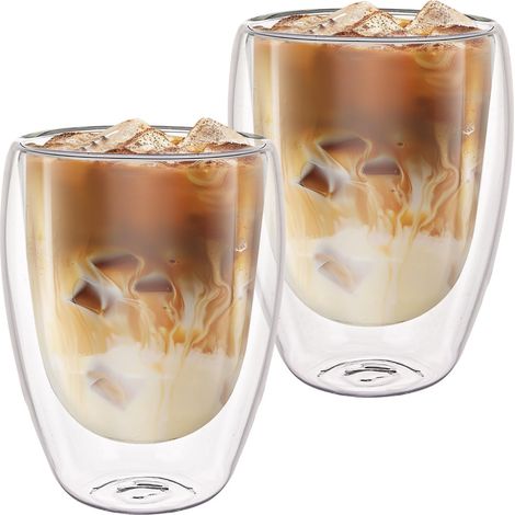 Lot de 2 tasses à café en verre transparent à double paroi de 350 ml, verres à cappuccino, latte macchiato, tasses à expresso résistantes à la chaleur pour lait, jus, crème glacée (1/5)