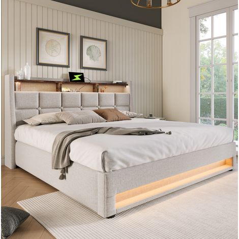 Bett Doppelbett Stauraum USB 180x200 Leinen Beige OKMYHOME (1/5)
