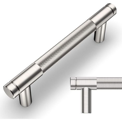 Set aus 2 gerändelten Möbelgriffen in gebürstetem Satinnickel, 96 mm Lochabstand, für Schubladen, Kommoden, Schränke und Küchenschränke