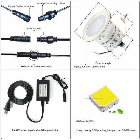 Lot de 10 Mini Spot LED Encastrable Extérieur, IP67 Étanche, Lumière Blanc du Jour 4500K, Lampe de sol 32MM 0.6W DC12V pour Chemin Terrasse Bois Piscine Escalier (1/4)