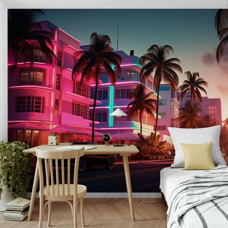 Papier Peint Miami Sunset - Ocean Drive Rétro Néon - 150 x 250 cm (1/2)