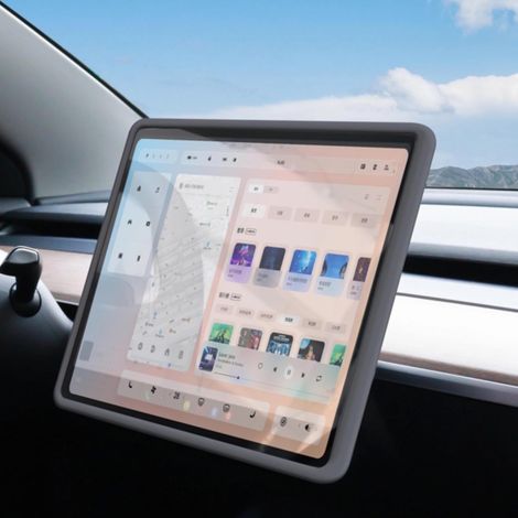 Bildschirmschutz mit Silikonrahmen für Tesla Model Y/3 15" Zentral-Touchscreen – Knieschutz, hautfreundlich, Abdeckzubehör (Silikonrahmen Grau) (1/4)
