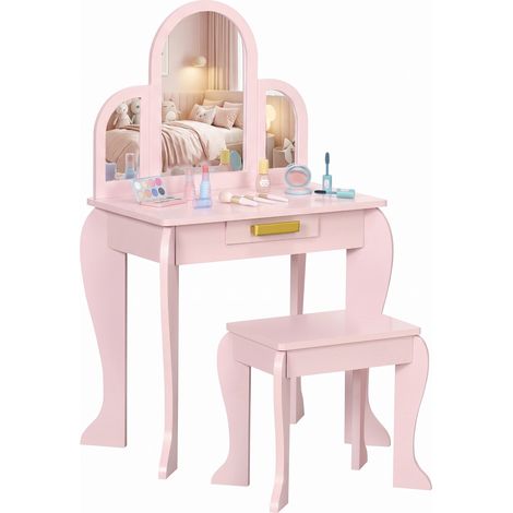 Homcom – Coiffeuse enfant 3 miroirs – Tiroir de rangement – MDF rose – Dimensions 52L x 32l x 85H cm – Pour filles 3-6 ans