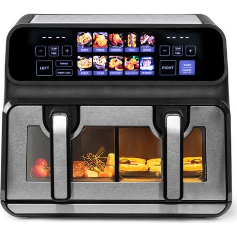 Friggitrice ad aria a doppia camera da 9 litri – Potenza elevata di 2200 W, finestra di visualizzazione, display a LED a colori, cestelli singoli e doppi regolabili liberamente in loco (1/5)
