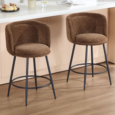 Wahson Lot de 2 Tabourets de bar Rembourrés en Chenille, Chaise Bar et Pieds en Métal, Chaises de bar pour îlot de cuisine, Marron