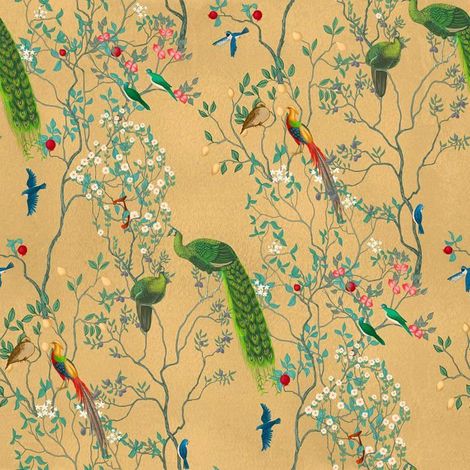 Papier Peint Fleuri Jaune Chinoiserie Vintage Papier Peint Oiseau Paon Motif Papiers Peints Adhesif Mural Papiers Peints Feu[BI61] (1/5)
