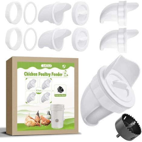 Mangeoire Poules Plastique Mangeoire Poules Automatique, 4 Ports DIY Mangeoire à Poulet Kit [Anti-Gaspillage] [Anti Nuisible] Abreuvoir a Poules Mangeoire Poussin pour Seaux Tonneaux Bacs