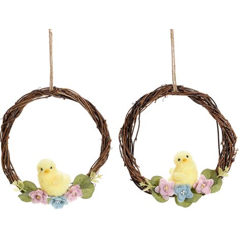 Couronnes de Pâques décoratives en bois avec poussins et fleurs en feutrine, à suspendre, lot de 6, diam. 17,5 cm
