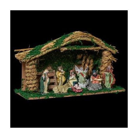 Crèche de Noël avec 9 santons - L 38 cm x l 14.5 cm - Bois - Livraison gratuite (1/3)