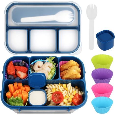 Bento Box Kinder Lunchbox 1300 ml Bento Box für Erwachsene mit 4 Fächern inklusive Kuchenbecher auslaufsicher blau (1/5)
