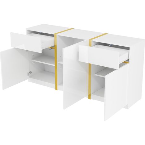 Credenza moderna bianca lucida con 3 ante e 2 cassetti, 160 x 40 x 78 cm, MODENUIT (1/5)