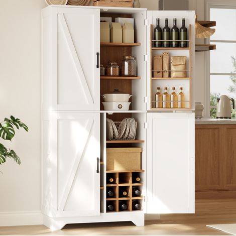 Küchen-Hochschrank 80 x 40 x 180 cm, 4 Türen im Scheunenstil, MDF, Weiß OKMYHOME (1/5)