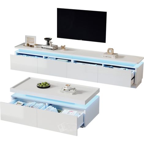 Combinaison moderne et minimaliste de meuble TV et table basse, blanc brillant, avec LED et 4 tiroirs, adaptée aux téléviseurs de 75 pouces (1/5)