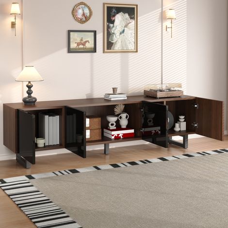 Meuble TV avec 4 portes rangement, meuble bas, finition brillante noire, design effet bois, 180×38×50 cm, MDF, marron (1/5)