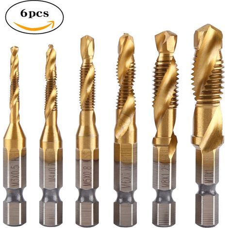 Lot de 6 forets à tarauds en acier rapide avec revêtement en titane durable - Filetage métrique torsadé - Outils de taraudage M3 M4 M5 M6 M8 M10 (1/4)