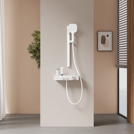 EMKE Thermostat Duschset mit Separater Stange Ablage Sicherheitssperre Stufenlose Wasserregelung Flex-Montage Weiß