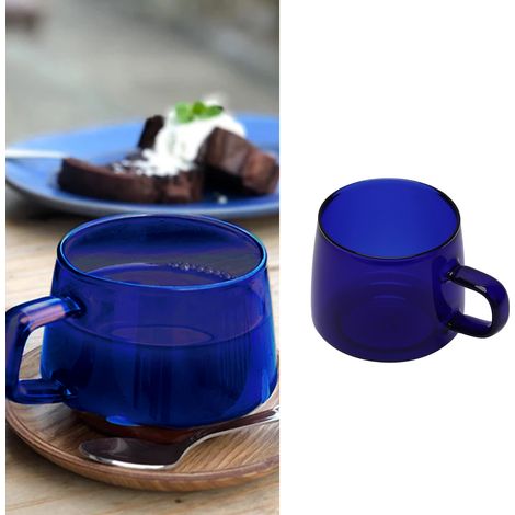 Tasse à café en verre borosilicate transparent de haute qualité, avec soucoupe et anse, idéale pour un usage domestique et pour des boissons telles que jus, thé, lait et eau. 350 ml, bleue. (1/5)
