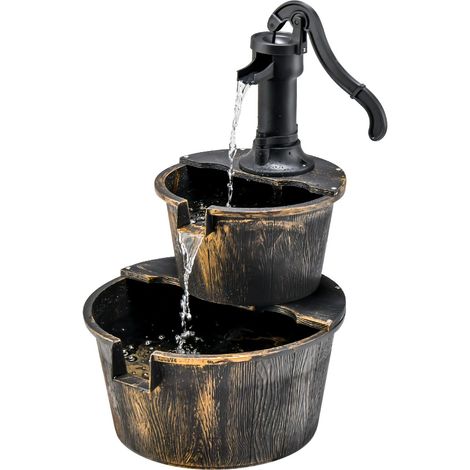 Fontaine de Jardin Rustique en 2 Niveaux 45,5 x 41 x 68 cm, Cascade d’Eau Circulante avec Pompe Réglable 2 Vitesses, Décoration Extérieur Résistante aux Intempéries (1/5)