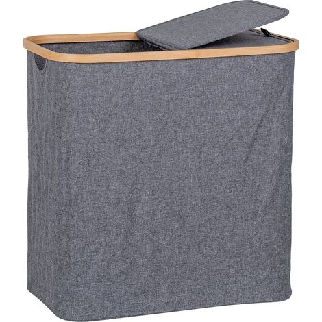 ANDREW - Panière à Linge en Tissu Gris et Bambou Double Abattants (1/5)