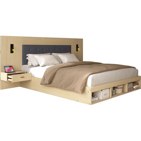 CHICFURN Lit coffre 180x200 cm avec 2 chevets, prises USB et USB-C, lampes de lecture orientables, rangements intégrés, MDF bois clair, sans matelas pour chambre (1/5)