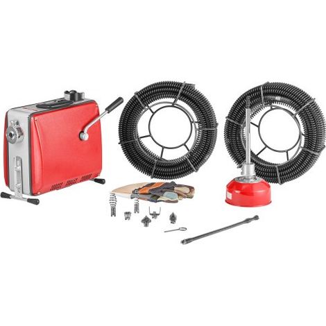 Furet Déboucheur Canalisations Électrique, 500 W, 1400 tr/min, avec Câble à Ressort Acier 2x20 m x 16 mm, 5 m x 9,5 mm, 0,4 m x 12 mm, 6 Coupeurs, pour Débouchage Tuyaux de 50-110 mm de Diamètre (1/3)