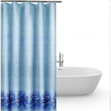 Rideau de douche 240 x 200 cm en polyester imperméable, anti-moisissure, antibactérien et inodore, avec 12 crochets offerts et motif dauphin imprimé. (1/5)