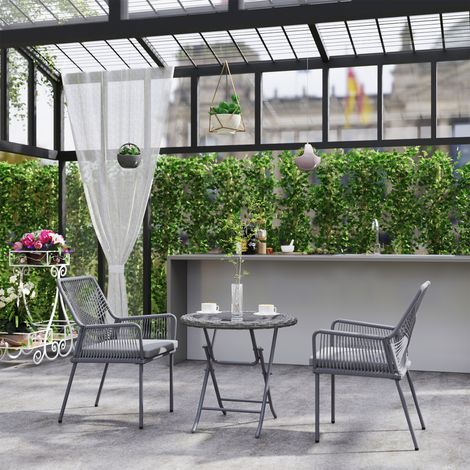 Juego de 2 sillas de jardín o patio, con cojines lavables, respaldo y reposabrazos, de acero y ratán, color gris oscuro. (1/5)