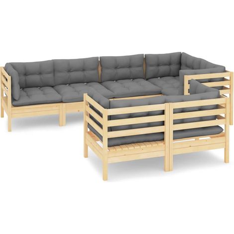 FIMEI Salon de jardin 7 pcs avec coussins gris Bois de pin massif (1/5)