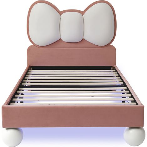 Lit enfant 90x200 velours rose, tête nœud papillon, LED, sommier (1/5)
