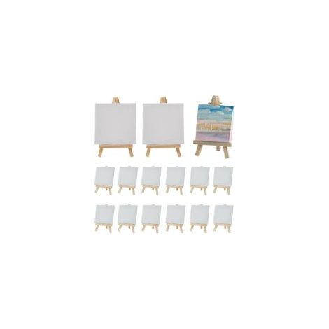 Lot de 12 Mini Chevalets Toiles, Kit pour Peinture, Dessin, Bricolage, Décoration de Table, Chevalet de Table, 10x10 CM Mini Toile avec Chevalet en Bois 8x15 CM, Support Trépied Pliable - Crezuo (1/4)