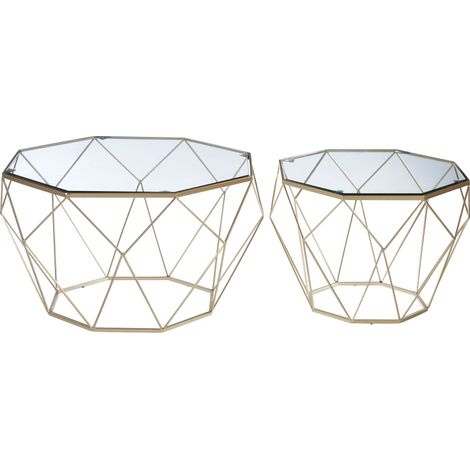 Interiors By Premier Geometric Set Of 2 Clear Glass Tables, Iron Frame Side Table By Couch, Champagne Finish Lounge Table (1/4)
