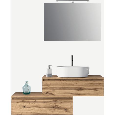 Mobile bagno sospeso con specchio e lavabo 5 pezzi Astra - Rovere