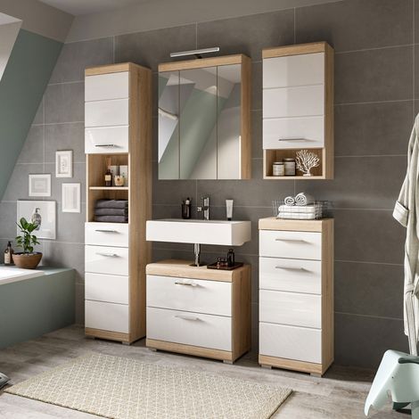 Ensemble 5 meubles de salle de bain chêne et blanc + lampe - LAMBY