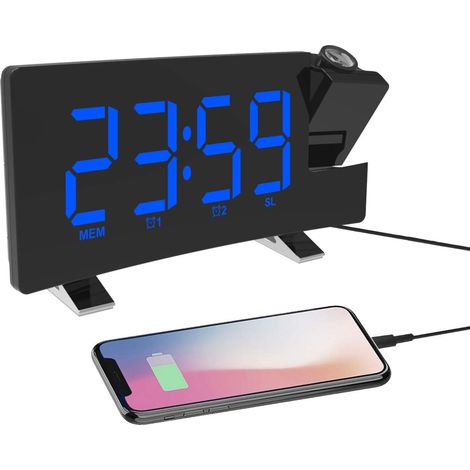 Horloge de Projection Radio-Réveil FM avec USB Chargeur Grand écran LED 5,5 '' 2 Sons pour Heavey Sleeper 2 Réglage de l'alarme Luminosité Réglable à 4 Niveaux Bleu (1/5)