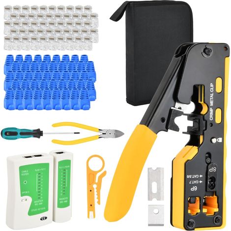 Pince à Sertir RJ45 Kit avec Testeur Cable RJ45, 50 Connecteurs CAT5/CAT5e/CAT6/CAT6A/CAT7, Gaine de Protection, Outil Réseau pour Installation et Maintenance (1/5)